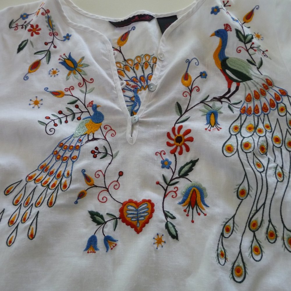 WILLI SMITH  TRENDY BOHEMIAN HIPPIE WHITE LINEN EMBROIDERED BLOUSE SIZE M - Picture 3 of 7